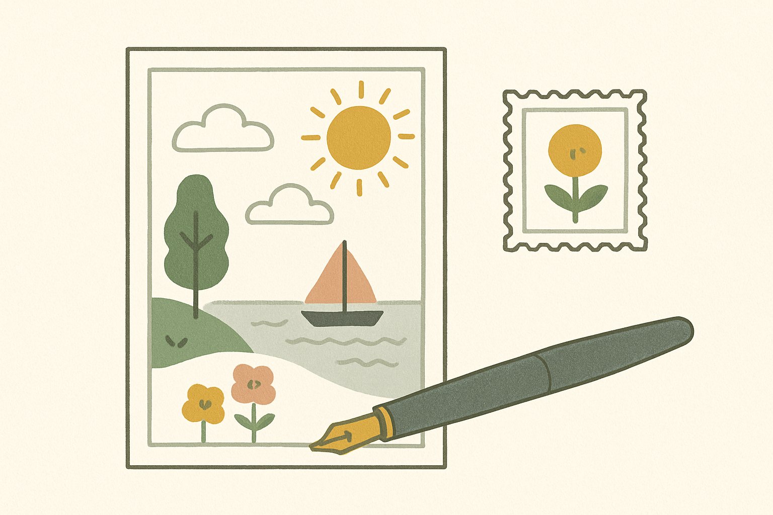 夏の絵入りはがきと切手、万年筆を机に並べた北欧イラスト風のイメージ