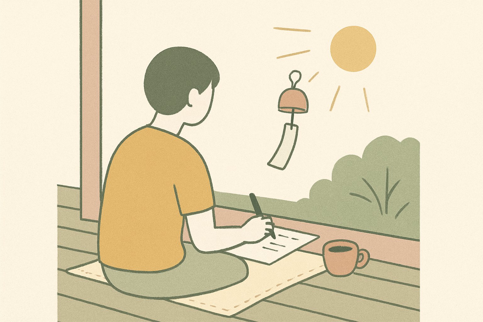 縁側で暑中見舞いのはがきを書く人の後ろ姿、風鈴と夏の光を添えた北欧イラスト風のイメージ