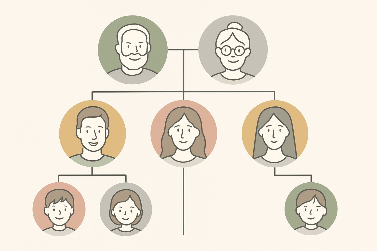 家系図をイメージした、人物を丸で表した図版風のイラスト（北欧イラスト風・くすみカラーのシンプル線画）