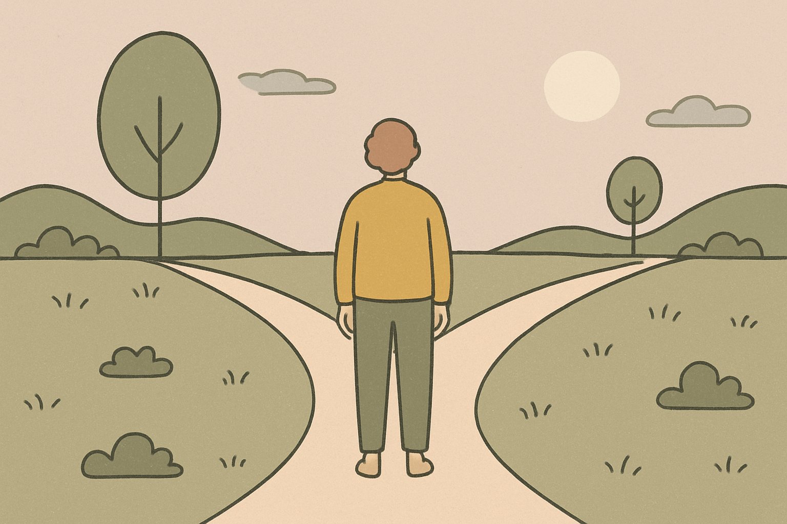 分かれ道の前で立ち止まる人物と、二方向へ伸びる小道（北欧イラスト風・くすみカラーのシンプル線画）