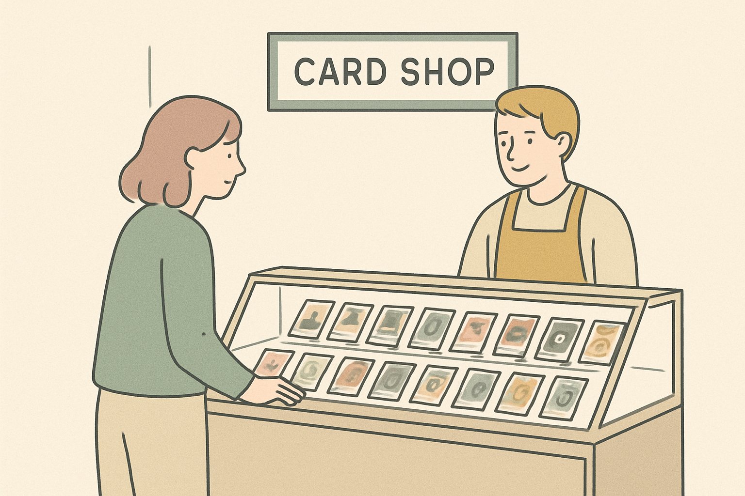 カードショップの店頭でショーケースのトレーディングカードを眺める人と店員のイメージ