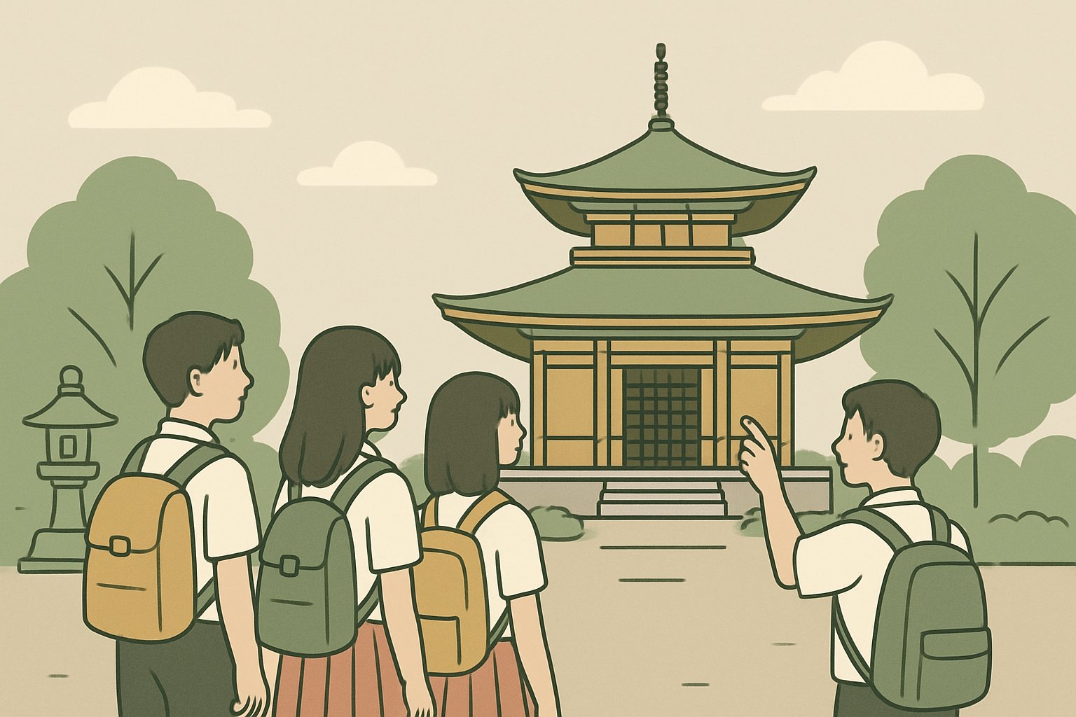 修学旅行で寺社を見学する生徒たちのイメージ