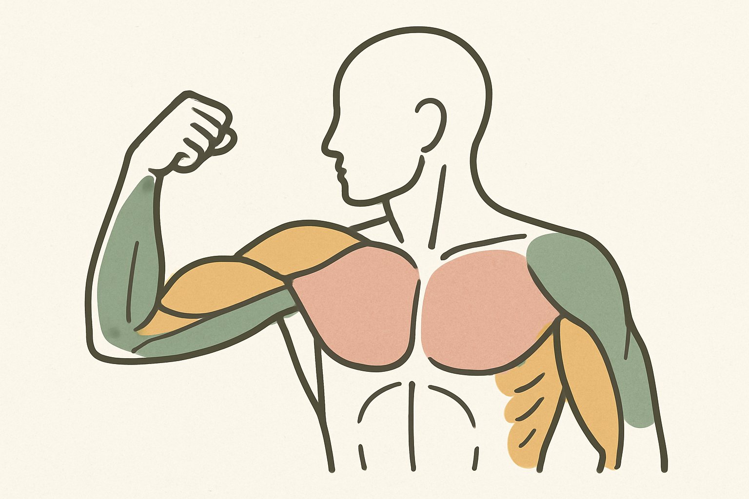 腕相撲で使う主な筋肉(前腕・上腕・広背筋・大胸筋)を示した人体イラスト