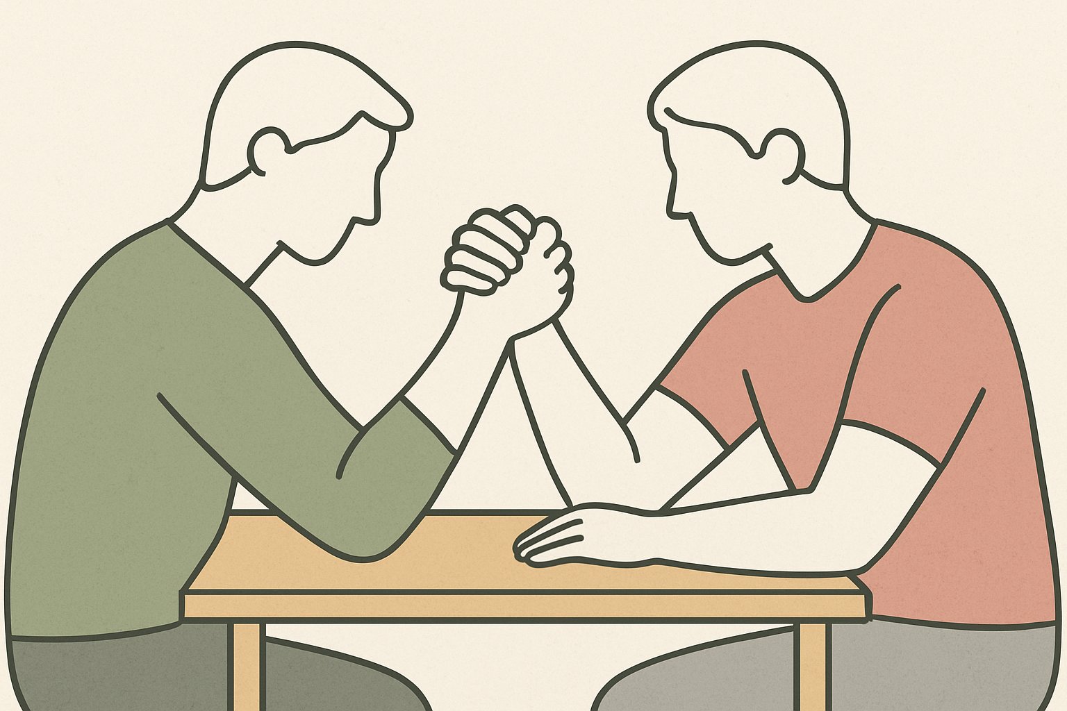 机に肘をついて腕相撲を組んでいる二人の手元、脇を締めた正しい構え