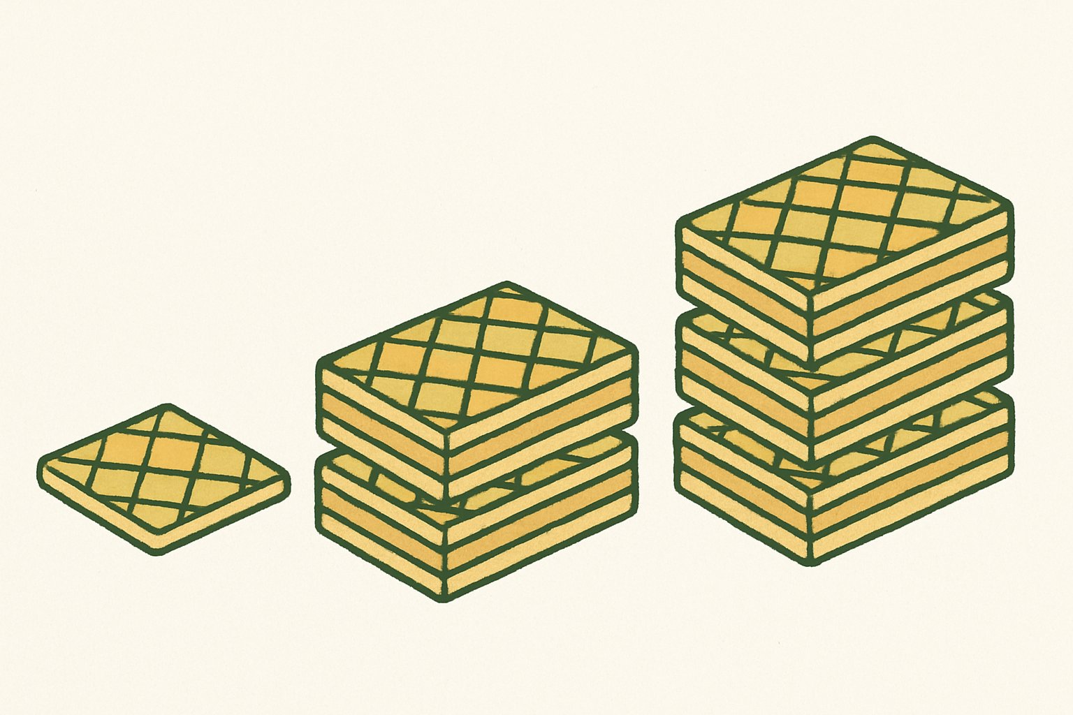 ウエハース菓子を左から1枚・2枚重ね・3枚重ねの順に並べた北欧イラスト風の線画。ウエハースは格子模様の入った長方形の板状に描く(丸いクッキー・団子・ビスケット状にはしない)。背景はオフホワイト、線と塗りはモスグリーンとマスタードのくすみカラー。文字・数字・記号・ラベルは画像内に一切描かないこと。写真ではなくフラットな線画イラスト