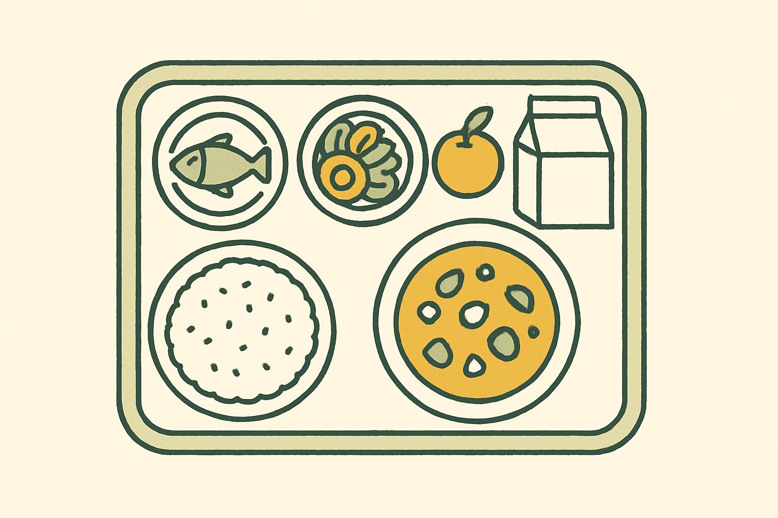 中学校の給食トレイを真上から見た北欧イラスト風の線画。トレイの上にごはん茶碗・汁椀・魚のおかずの皿・野菜の小鉢・牛乳パック・みかんを配置する。背景はオフホワイト、線と塗りはモスグリーンとマスタードのくすみカラーでシンプルに。文字・数字・記号・ラベルは画像内に一切描かないこと。写真ではなくフラットな線画イラスト
