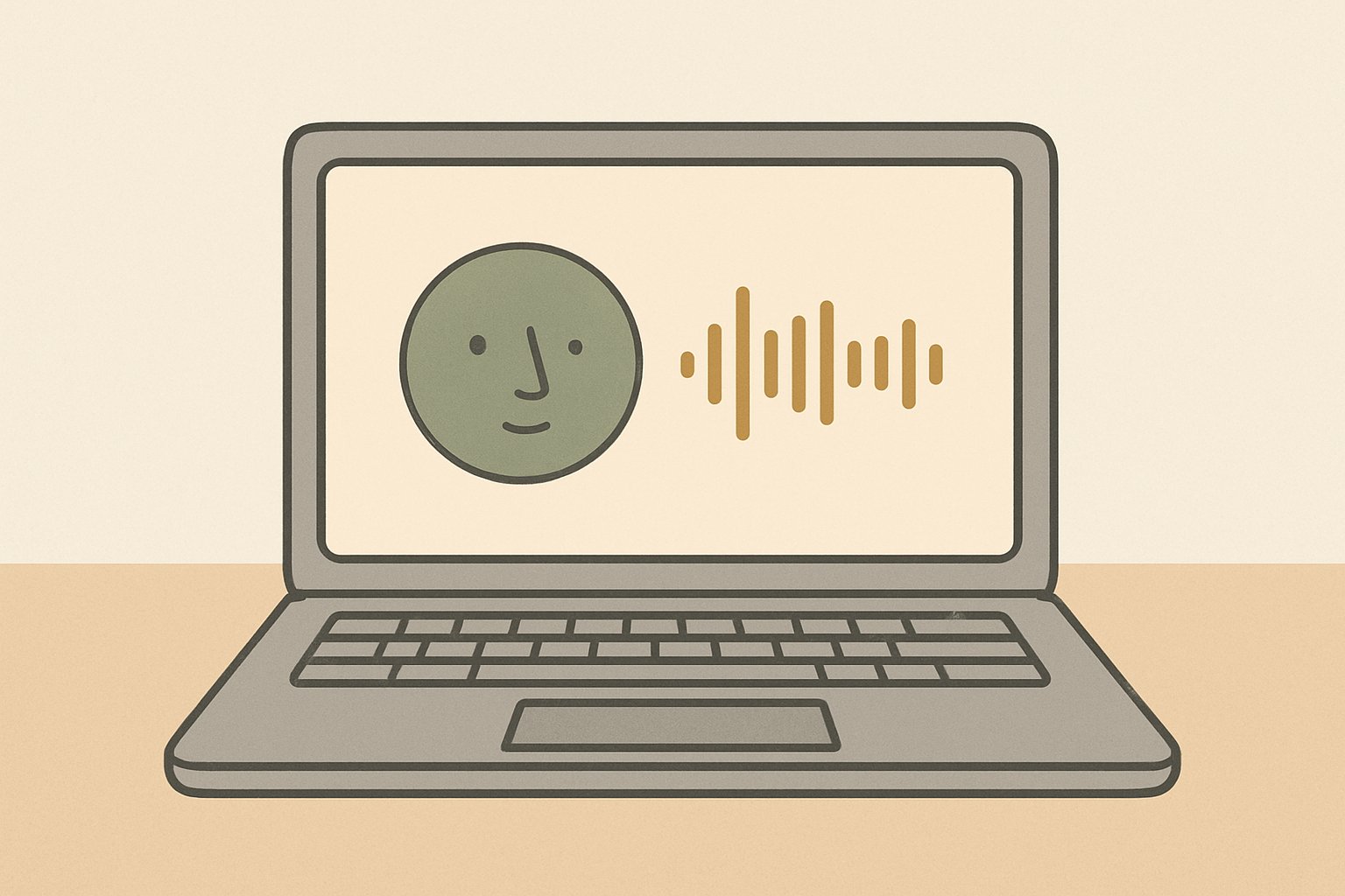 机の上のノートパソコンの画面に、抽象的な丸い顔のアイコンと音声の波形が表示されている様子。人物・キャラクター・ロボットは描かない。くすみカラーの北欧風イラスト、シンプルな線画（文字・ロゴなし）