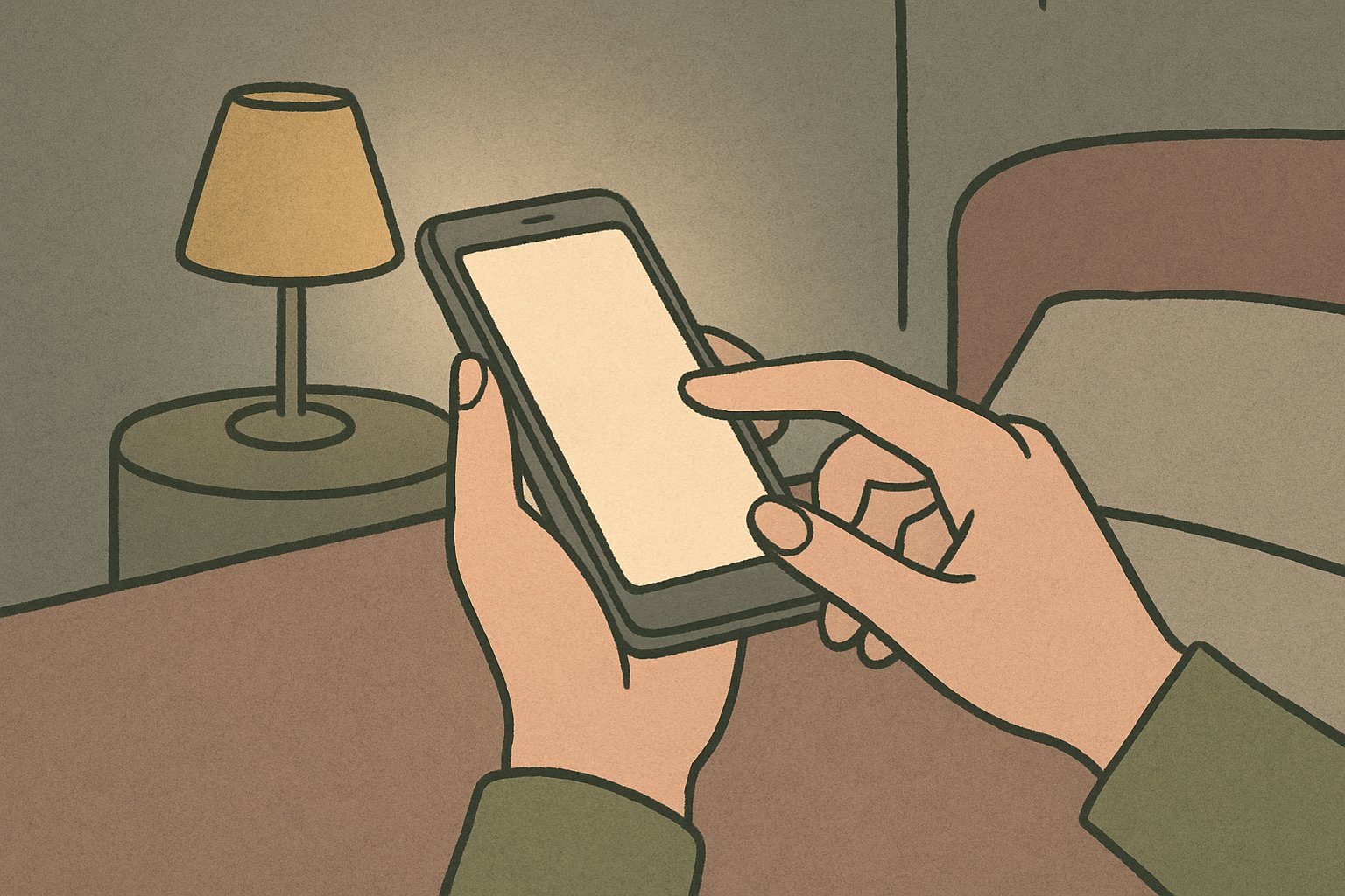 暗い部屋でスマホの画面を見つめる若者の手元のイメージ