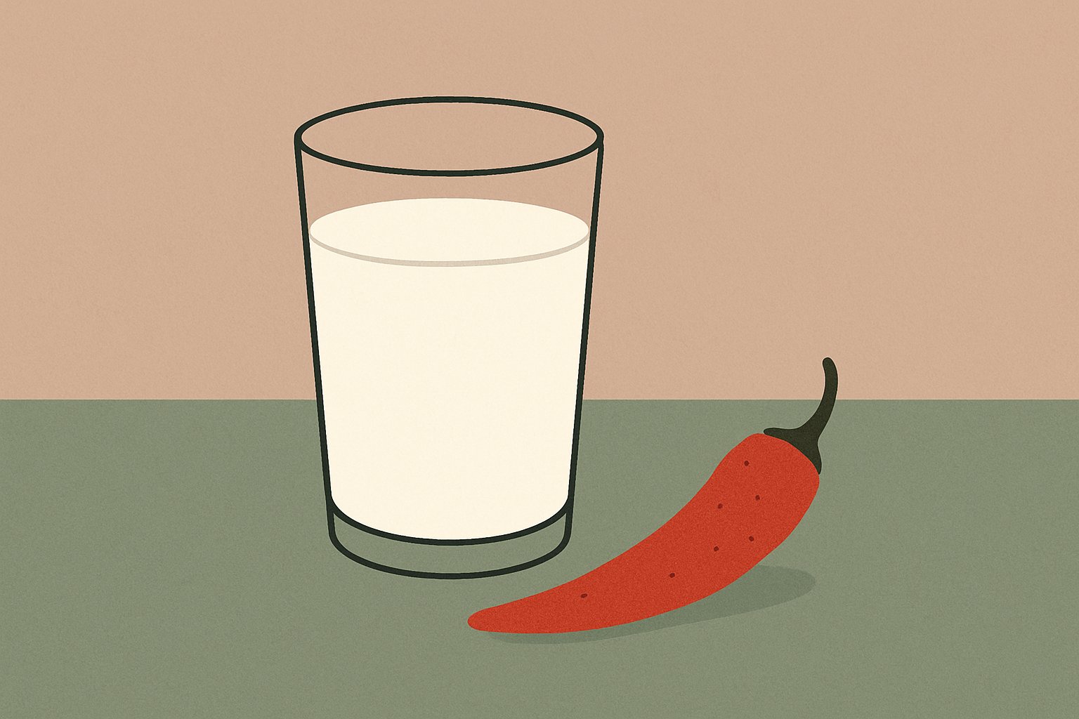 グラスに注がれた白い牛乳と赤い唐辛子を対比させた構図。牛乳が主役で唐辛子は小さめに添えるイメージイラスト