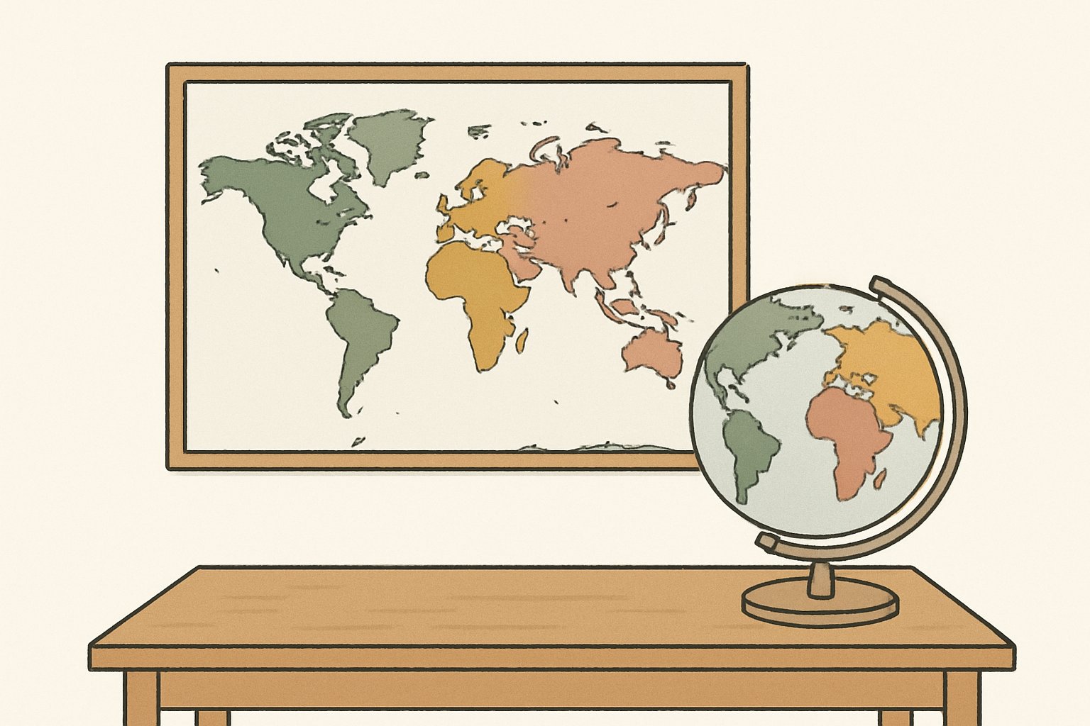 世界地図と地球儀を机の上に並べたイメージ