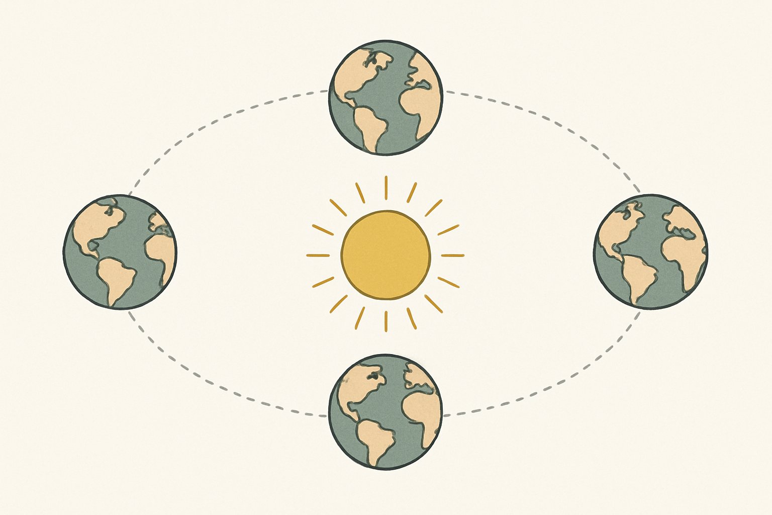 傾いた地軸の地球が太陽のまわりを回る4つの位置を、円を描くように並べた北欧風の線画イメージ（文字・記号なし）