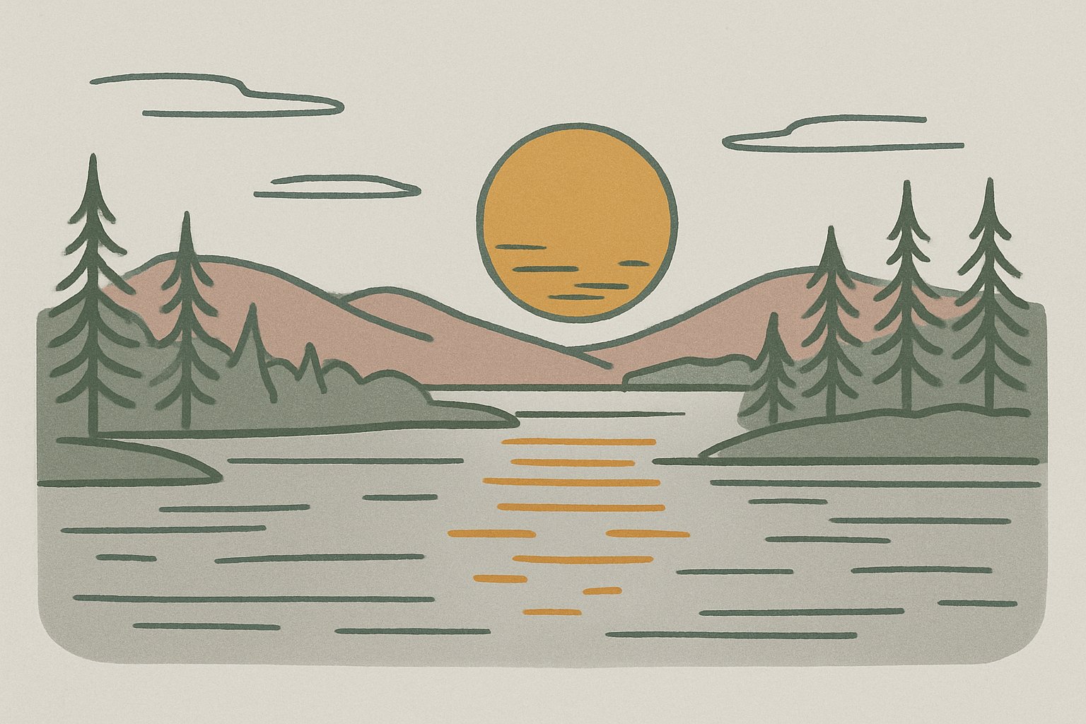 真夜中でも沈まない太陽が湖と木立の上に浮かぶ、北欧の白夜の風景を描いたくすみカラーの線画イメージ（文字なし）