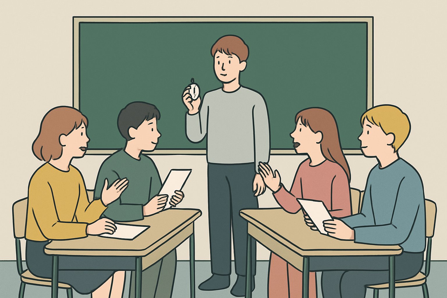 教室で机を向かい合わせに並べ、肯定側と否定側に分かれた中学生が資料を手に議論し、黒板の前で司会役の生徒がストップウォッチを持って立っているイメージ。北欧イラスト風のシンプルな線画とくすみカラー（モスグリーン・マスタード・くすみブルー）、黒板やプリントに文字や数字は一切描かない