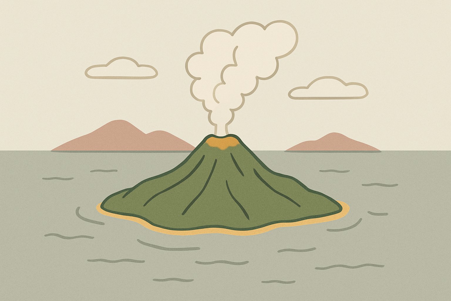 海に浮かぶ火山島から噴煙が立ちのぼる俯瞰イメージ