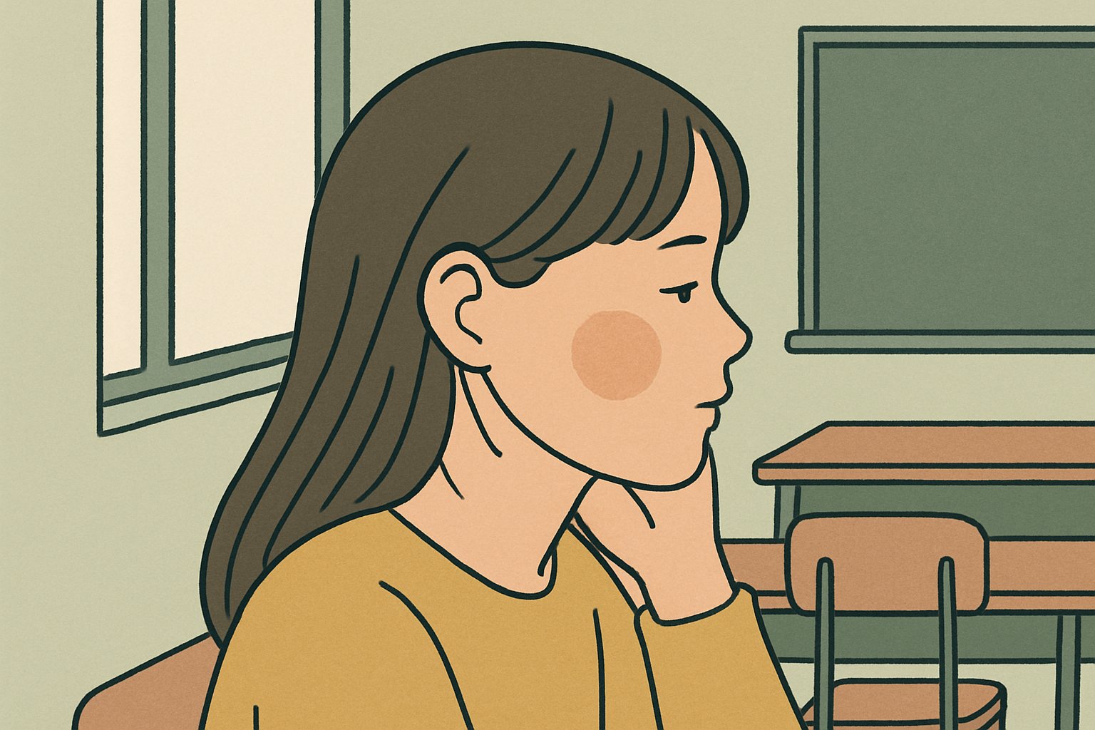 教室で、前髪とサイドの髪を頬に沿わせた中学生が、横顔の日焼けの境目を自然に隠しているイメージ。北欧イラスト風のシンプルな線画とくすみカラー(モスグリーン・マスタード)、顔の左右で肌色の差はごくわずかに描く、文字や数字は一切入れない