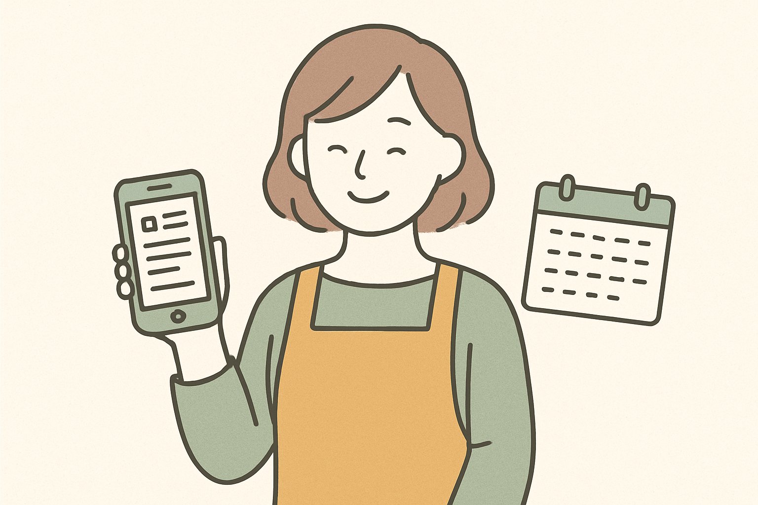 スマートフォンで明細書とカレンダーの画面を確認してほほえむエプロン姿の人のイラスト。北欧イラスト風のシンプルな線画、モスグリーンとマスタードのくすみカラー
