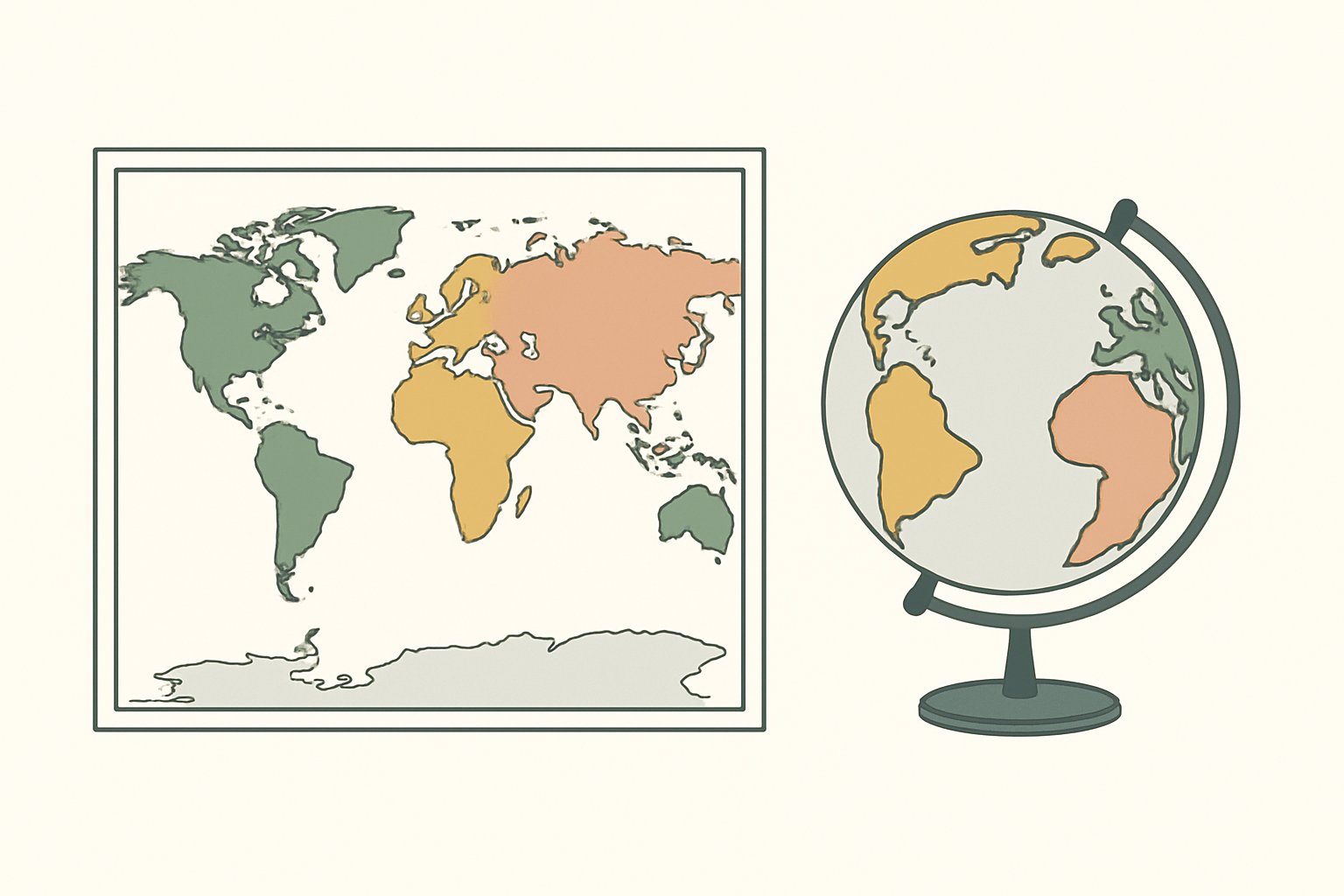 世界地図と地球儀を並べて見比べているイメージ