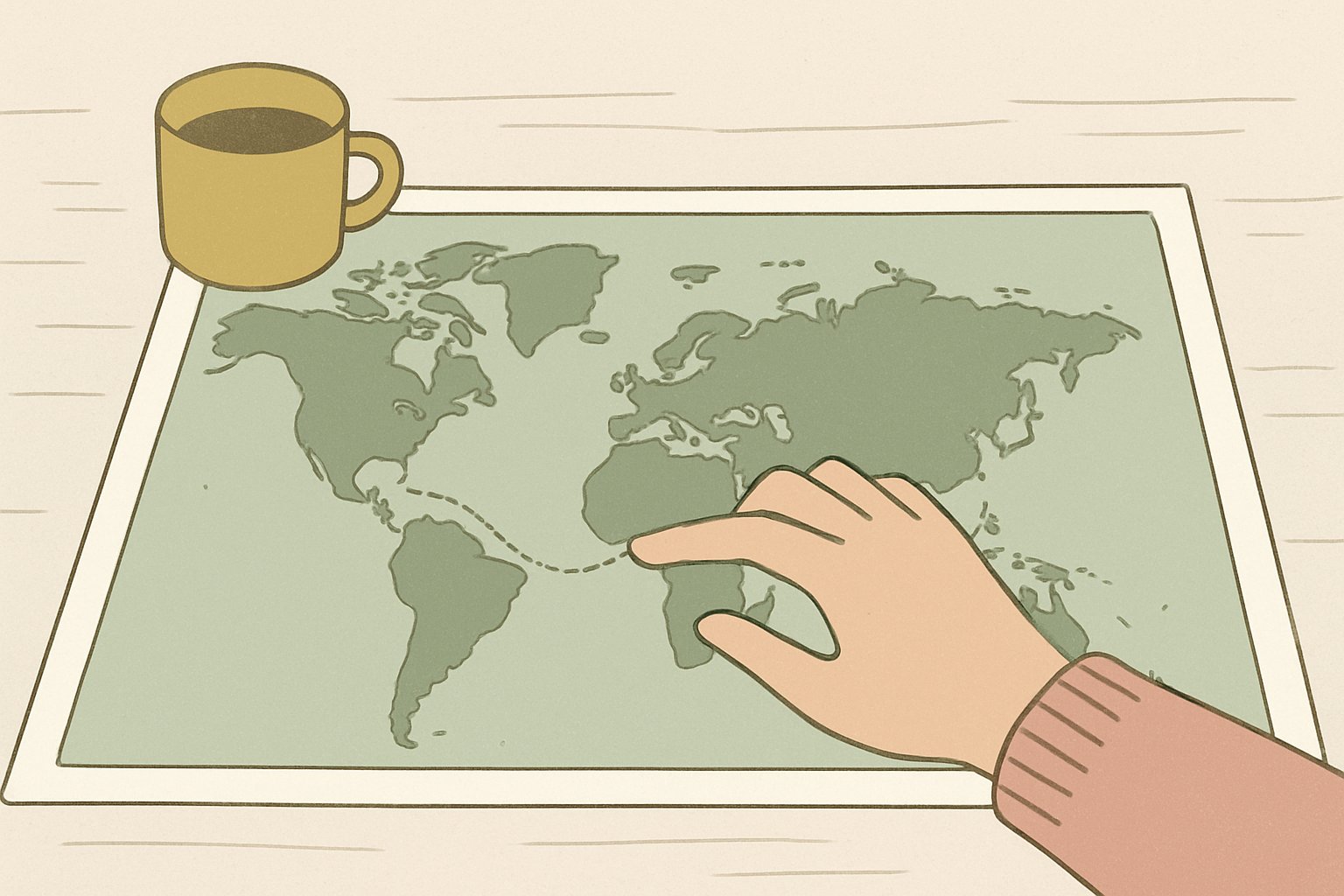 机の上に広げた世界地図を指でたどっているイメージ
