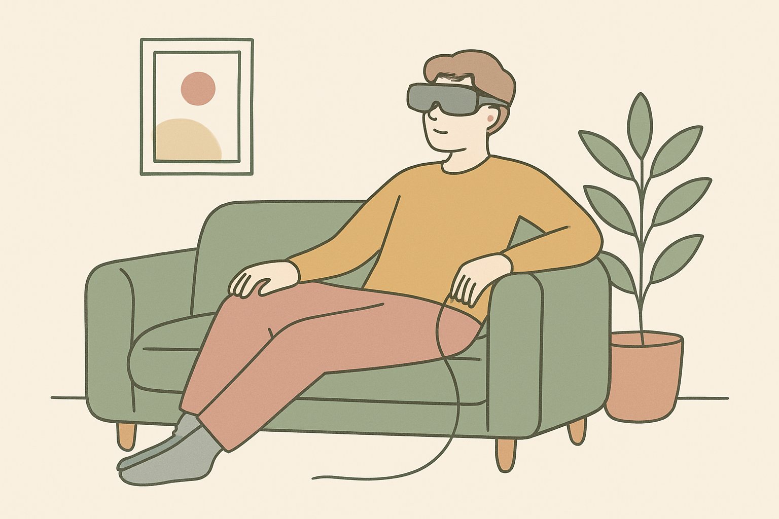 ソファに座った人がサングラスのような軽いVRグラスをかけ、細いケーブルでつながった小さな本体をポケットに入れてくつろいでいる様子。くすみカラーの北欧風イラスト、シンプルな線画（文字・ロゴなし）