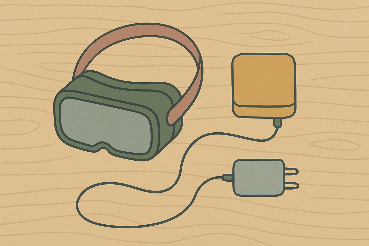 机の上に並べたメガネ型のVRグラス、ケーブルでつながった手のひらサイズの本体、充電器を上から見た様子。くすみカラーの北欧風イラスト、シンプルな線画（文字・ロゴなし）