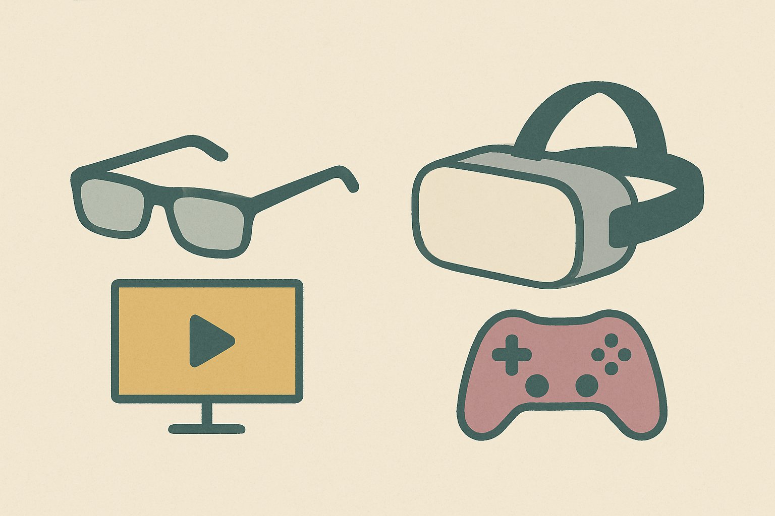 左に軽いメガネ型のVRグラス、右にゴーグル型のVRヘッドセットを並べ、それぞれの横に映画のスクリーンとゲームのコントローラーを思わせるシンプルな図形を添えた比較イメージ。くすみカラーの北欧風イラスト（文字・ロゴなし）