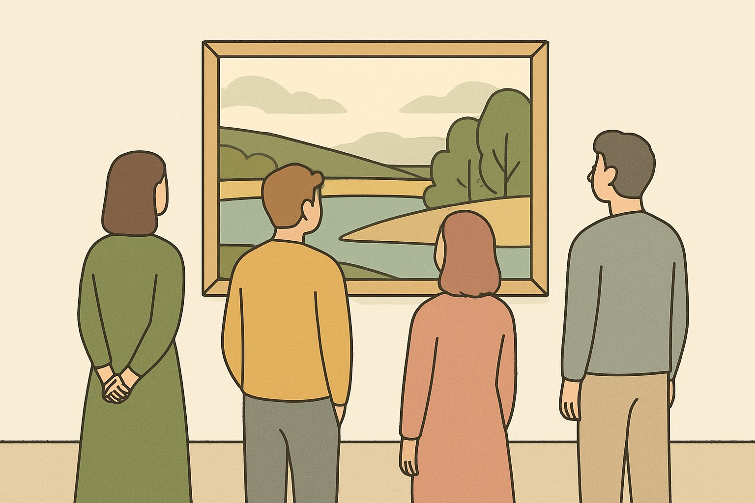 美術館の展示室で、額に入った風景画の前に数人が立ち止まって静かに鑑賞している後ろ姿のイメージ。くすみカラーの北欧風イラスト、シンプルな線画（文字・ロゴなし）