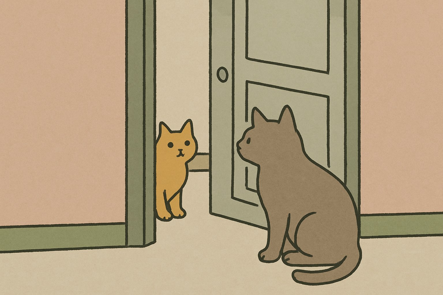 少し開いたドアのすき間から、別の部屋にいる猫の様子をうかがう猫のイメージ