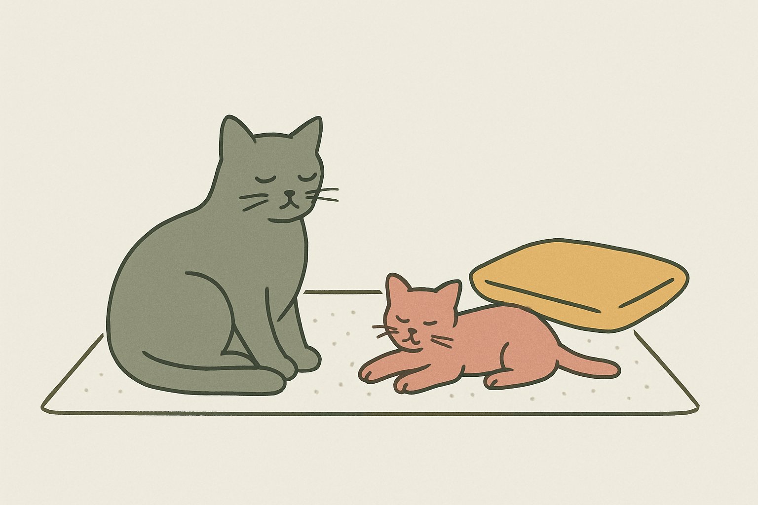 大人の猫と子猫が少し距離をあけて、それぞれくつろいでいるイメージ