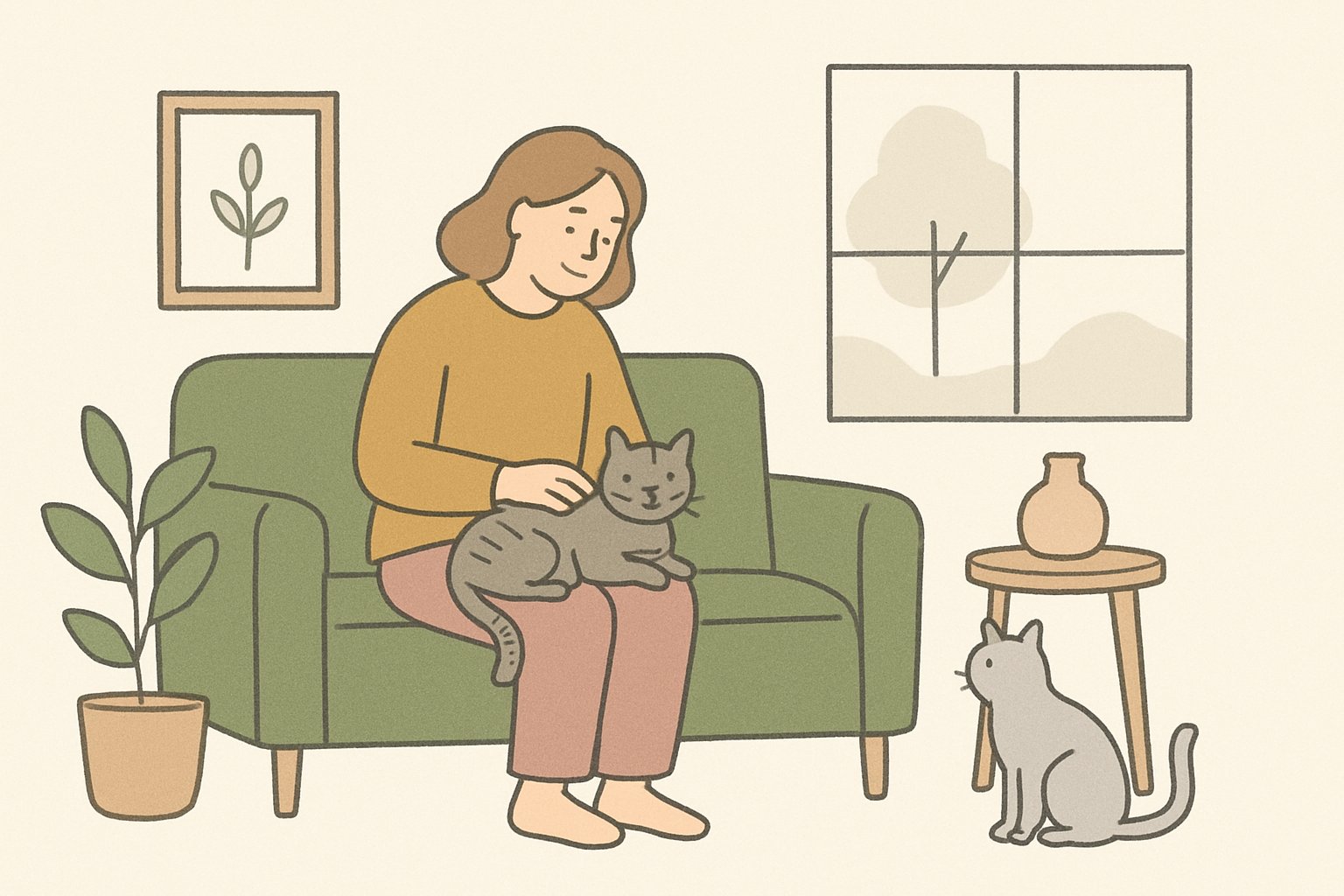 ソファで先住猫をなでる飼い主と、少し離れた場所から見ている新入り猫のイメージ