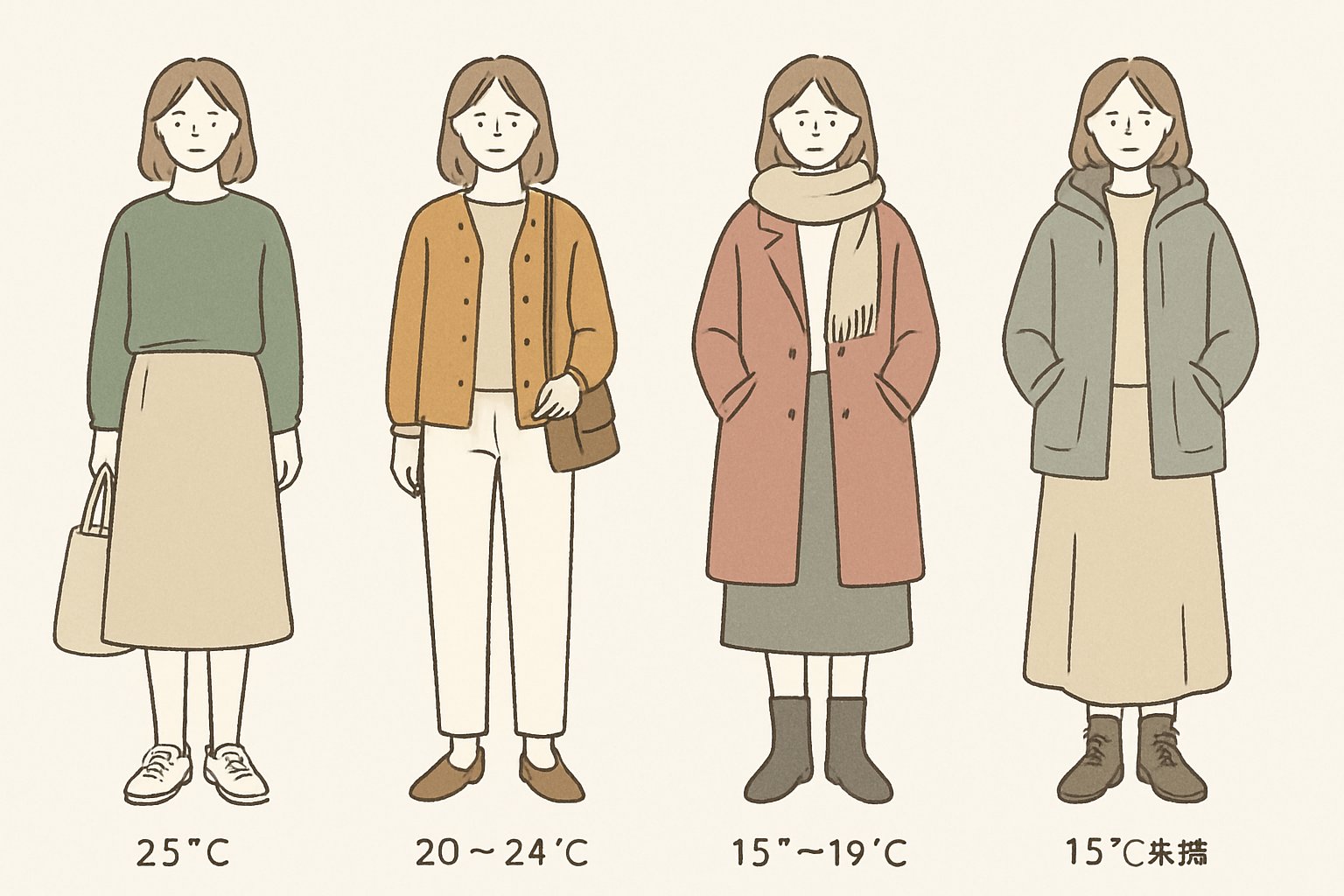 気温別（25℃以上・20〜24℃・15〜19℃・15℃未満）の10月コーデを4段階で比較したイラスト