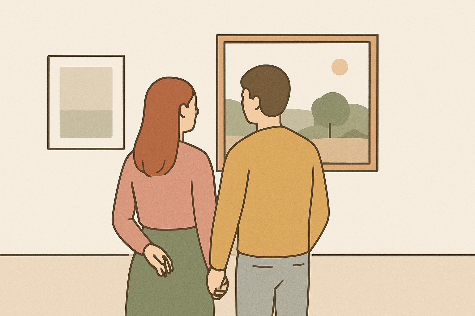 美術館で絵画を眺めながら話すカップルの後ろ姿のイメージ