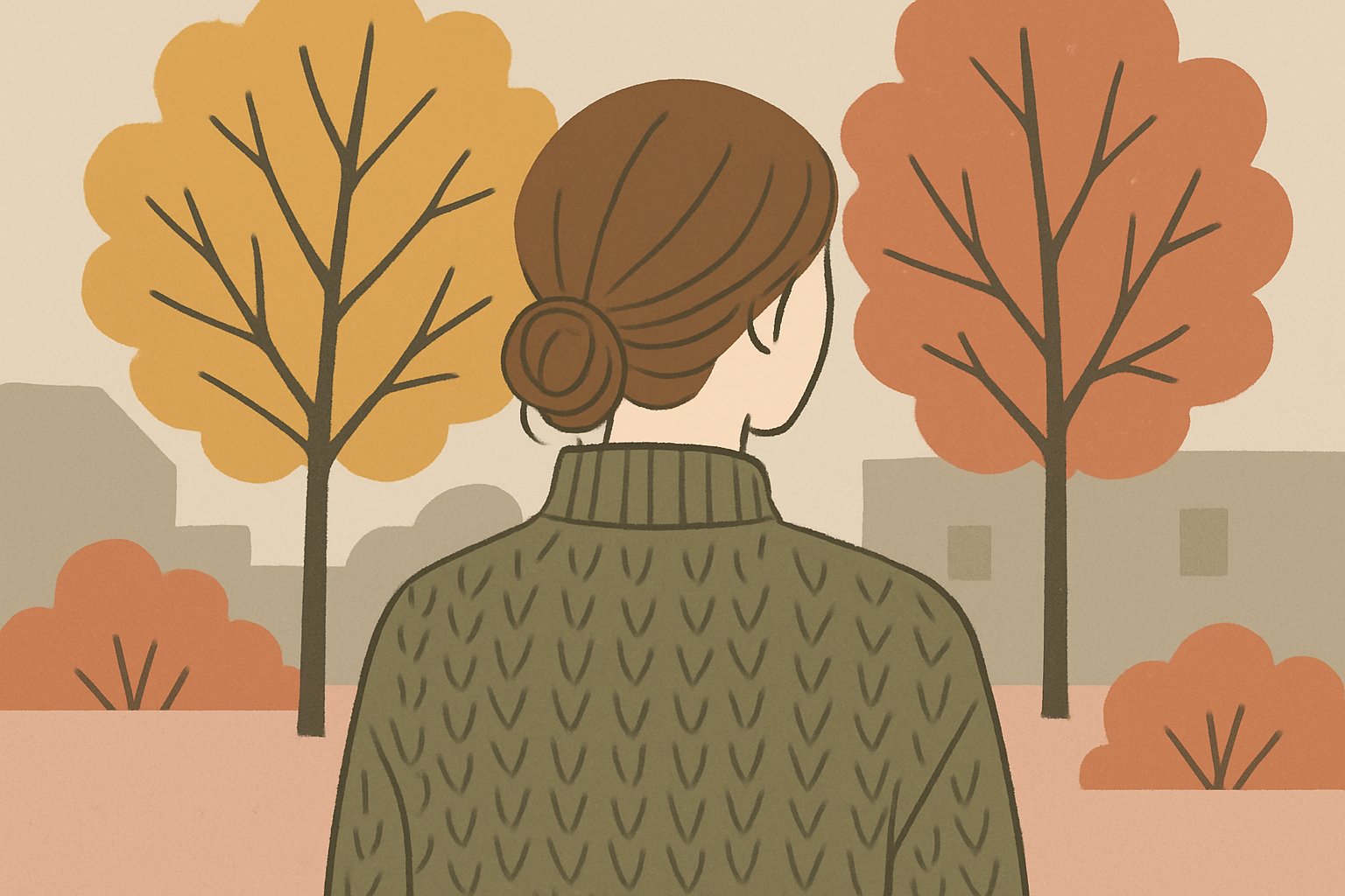 ニットを着て髪をゆるく低めにまとめた女性の後ろ姿。紅葉した街路樹を背景にした10月の秋らしい雰囲気