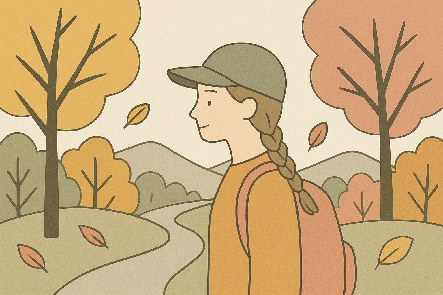 紅葉の山道でキャップをかぶり、低めの三つ編みにした女性のイメージ
