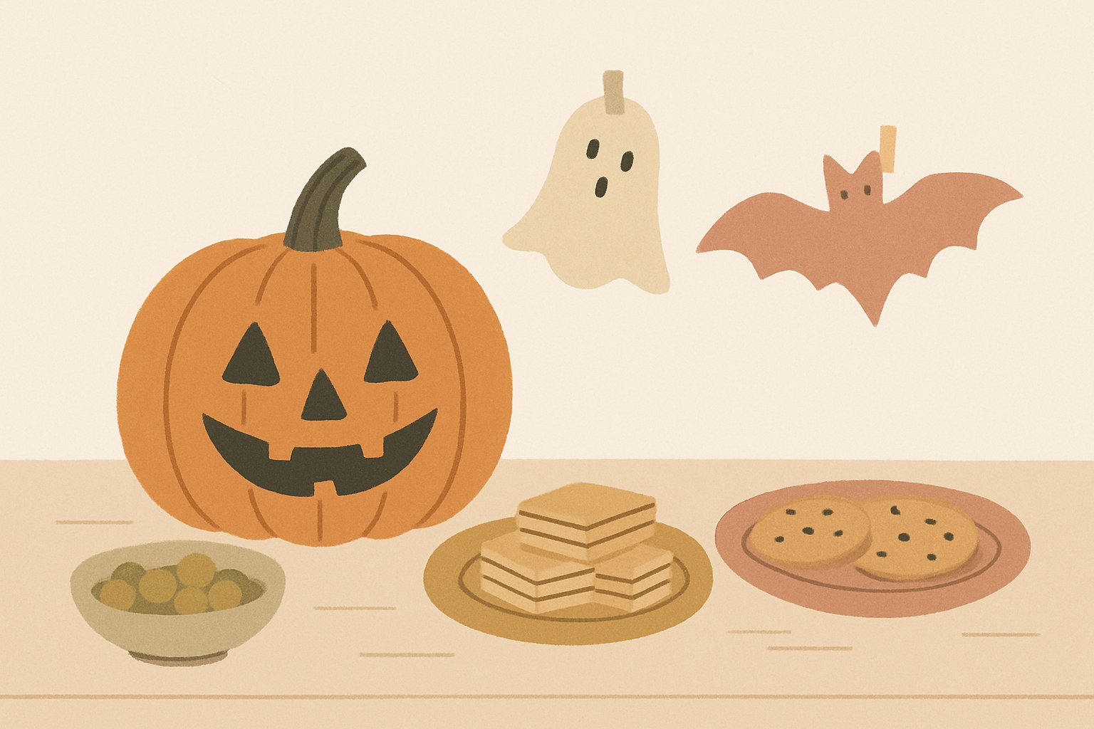 かぼちゃの飾りと手作りの画用紙の飾り、持ち寄りのお菓子を並べた家庭のハロウィンのイメージ