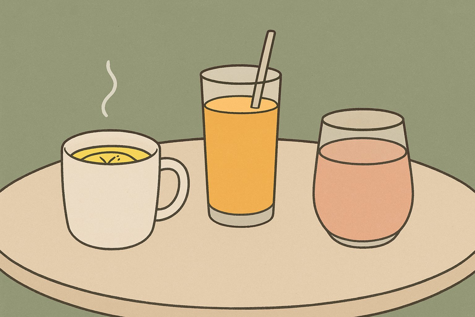 カフェのテーブルに並んだ3つのノンカフェインドリンク。左から、湯気の立つ白いマグに入った黄色いゆず茶（ゆずの皮が浮いている）、背の高いグラスに入ったオレンジジュース、淡いオレンジ色のミックスジュース。コーヒーは描かない。シンプルな線画とくすみカラー