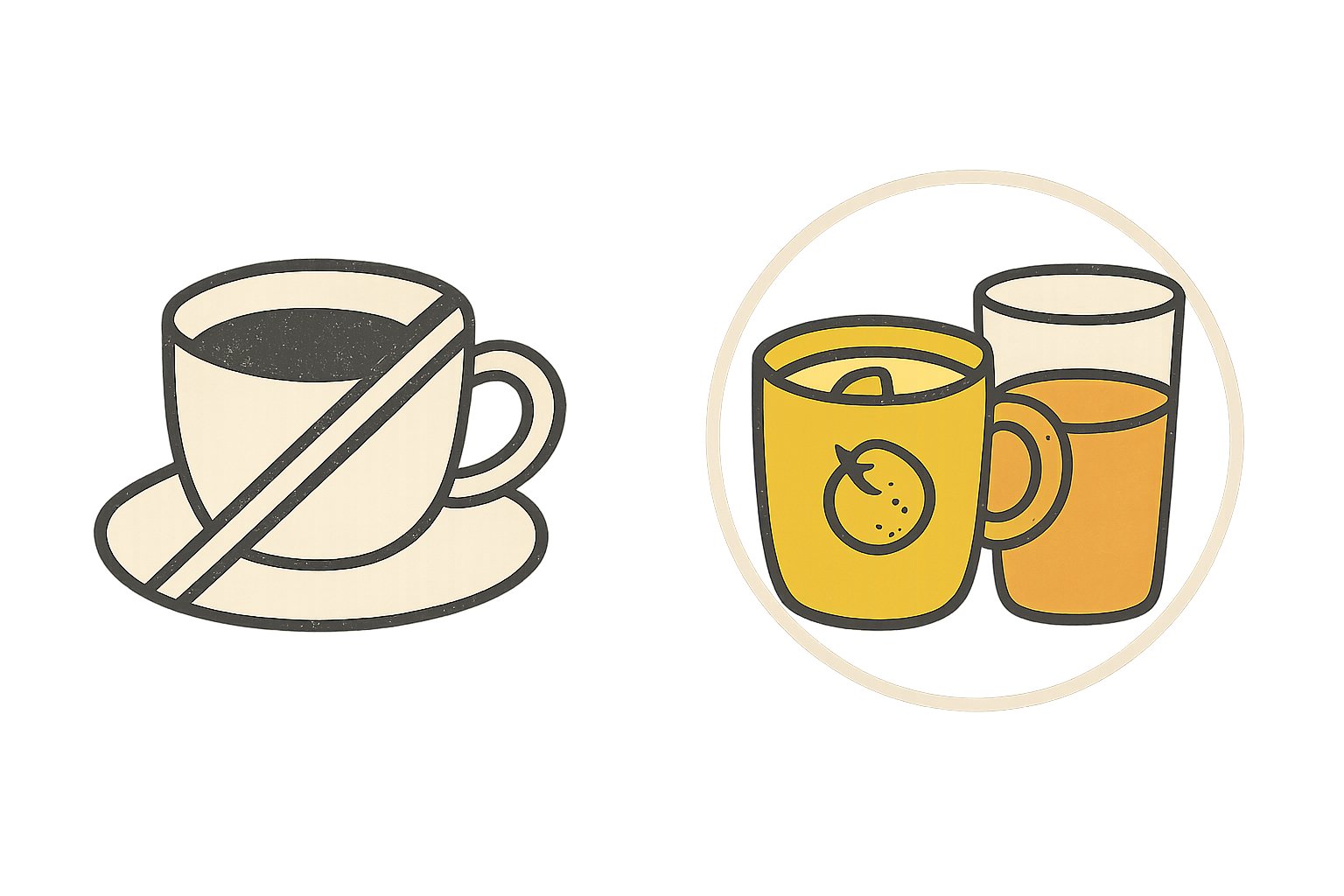 カフェチェーンの比較を表したアイコン風イラスト。左に白いコーヒーカップに斜線が入った「デカフェなし」のマーク、右に黄色いゆず茶のマグとオレンジジュースのグラスに丸印。文字は入れない。シンプルな線画とくすみカラー