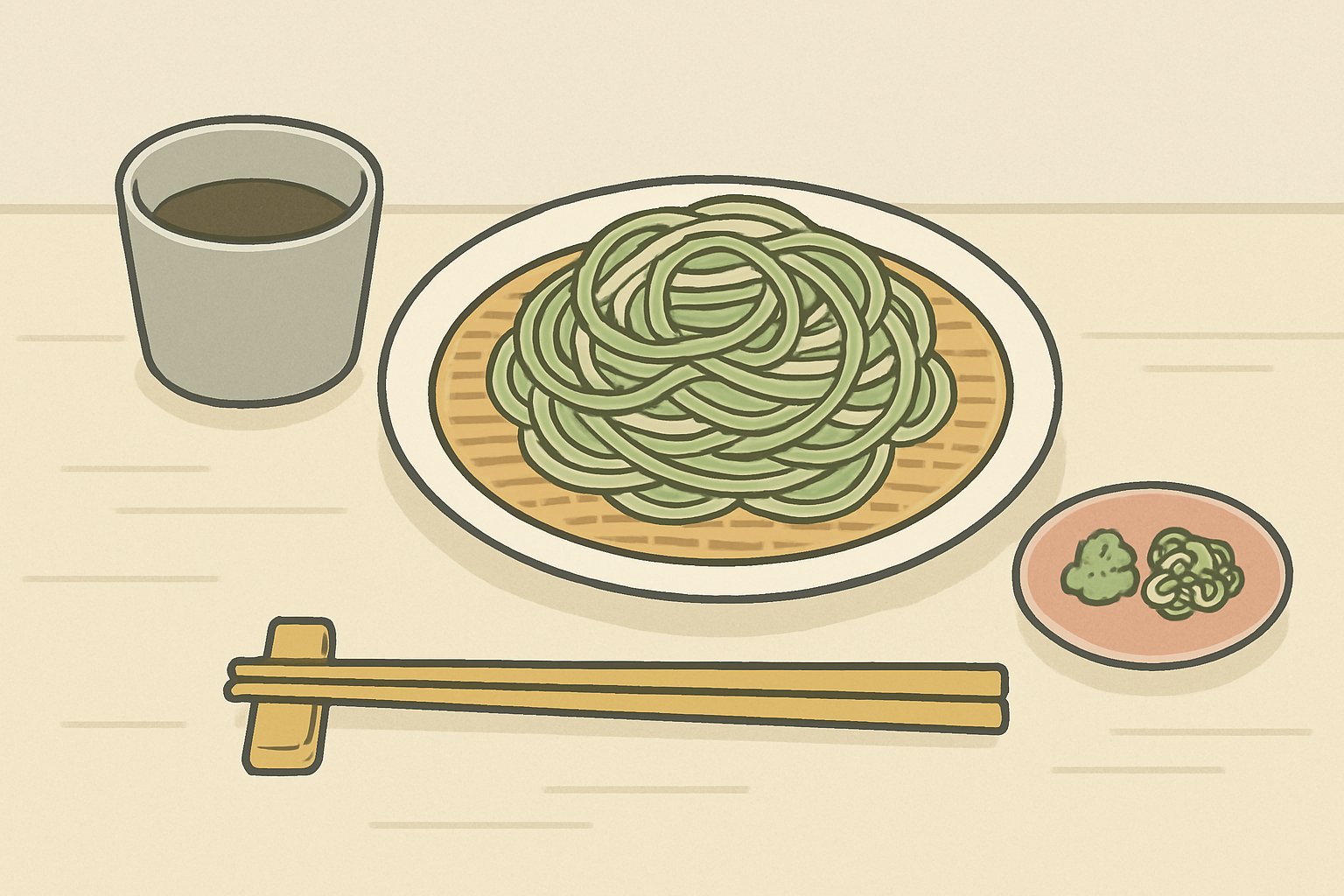 ざるに盛られた淡い緑がかったそばと、そば猪口・薬味が並ぶ落ち着いた和の食卓