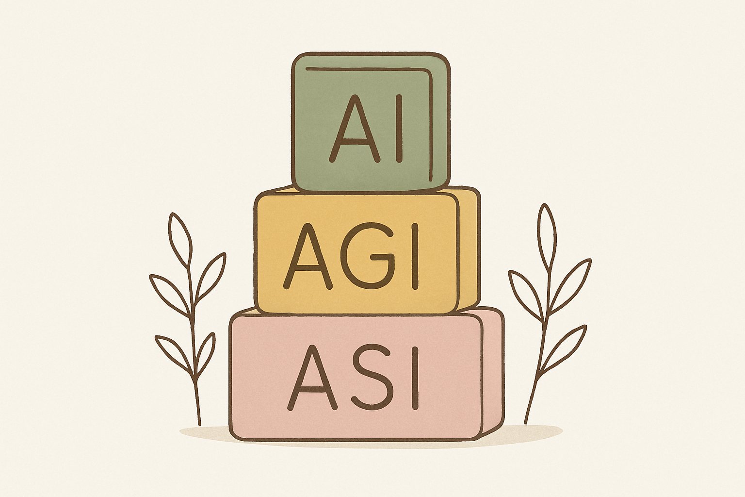 AI・AGI・ASIの三段階を積み木のように並べた北欧風の線画イメージ