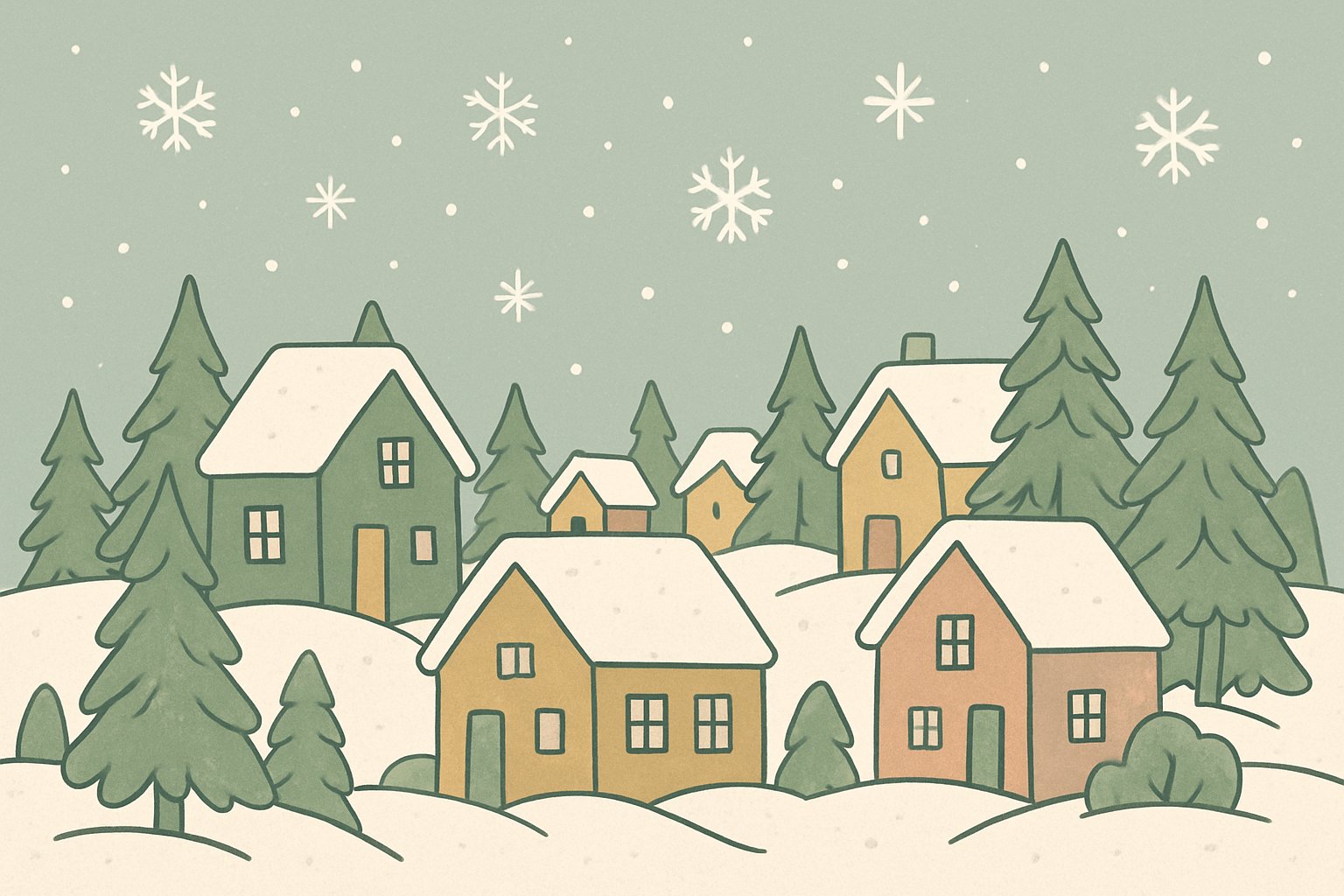 雪が降る日本の冬の町並みを描いた風景。三角屋根の家々と常緑樹にうっすら雪が積もり、空にはシンプルな雪の結晶が舞う。モスグリーンとくすみブルーを基調にした北欧風の温かみのある線画イラスト