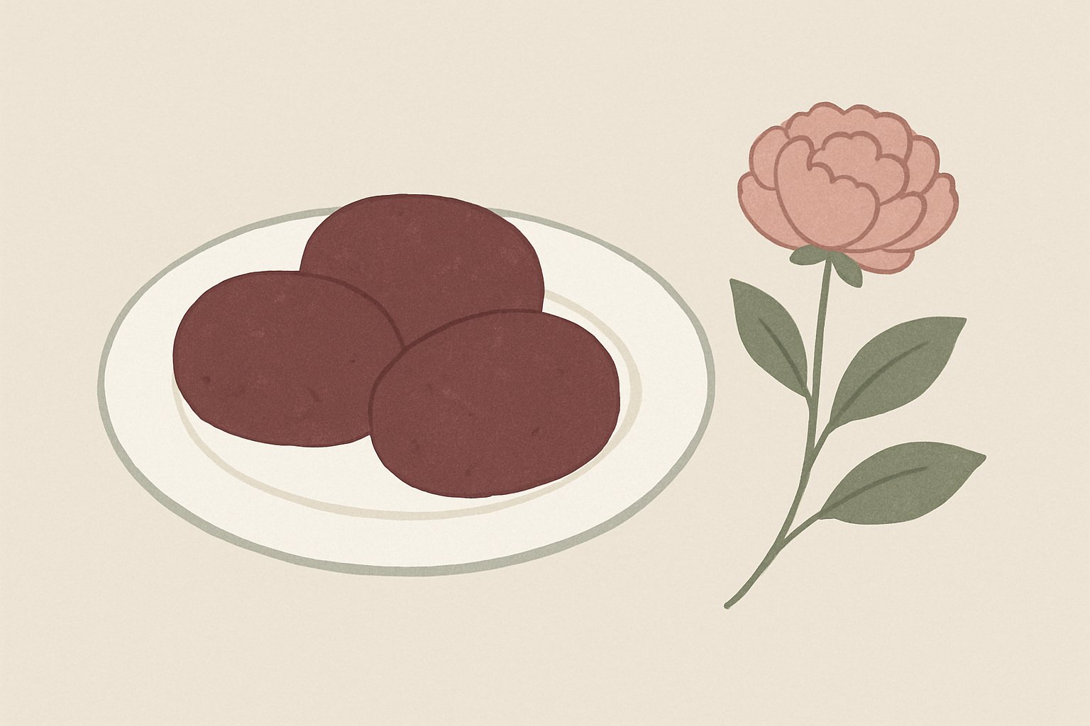 皿に盛られたぼたもちと牡丹の花の北欧イラスト