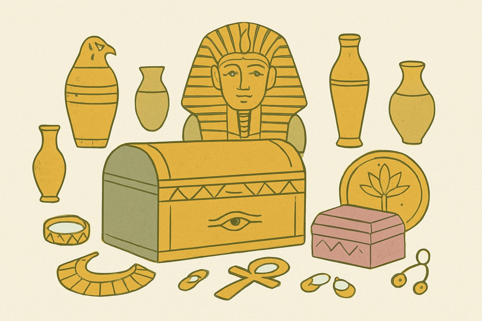 黄金の装飾品や棺が並ぶ古代エジプトの財宝のイメージ