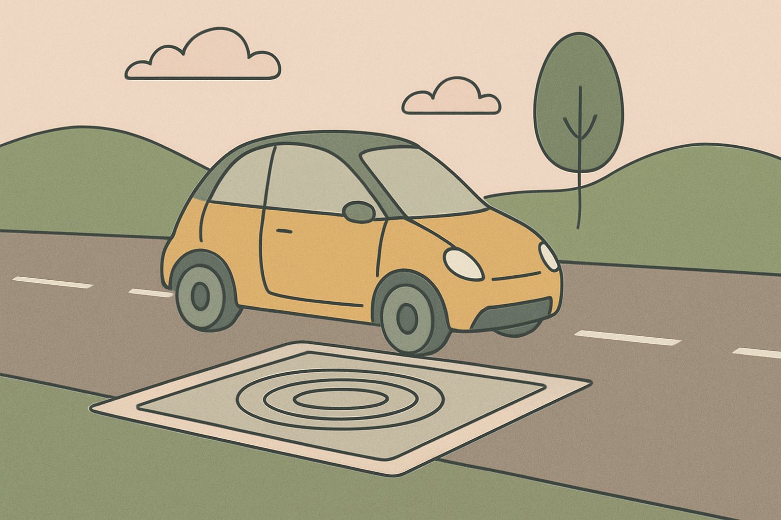 道路に埋め込まれた四角い給電パネルの上を、小型の電気自動車が走っている様子。道路の下にコイルが透けて見える図解風のイラスト。人物は描かない。くすみカラーの北欧風イラスト、シンプルな線画（文字・ロゴなし）