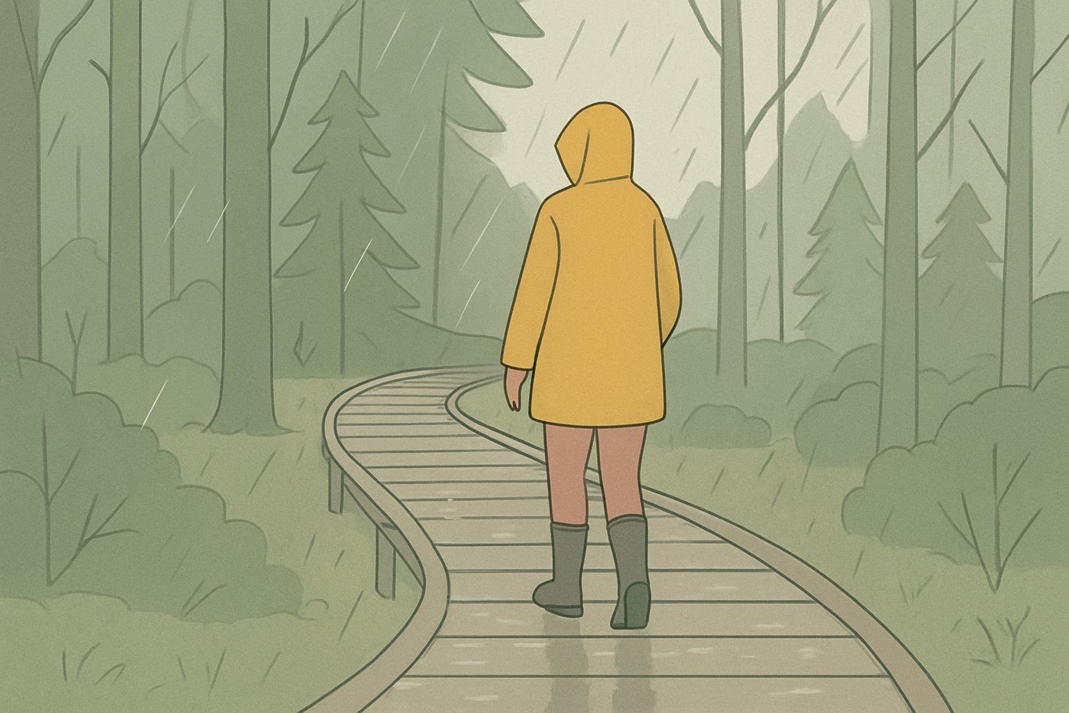 雨に濡れた森の木道とレインウェアのイメージ