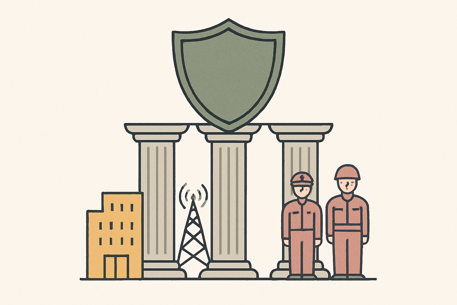 3本の柱が並び、その上に盾が載っている図。柱の前に企業のビル、通信の線、警察と自衛隊の小さな人物が立っている