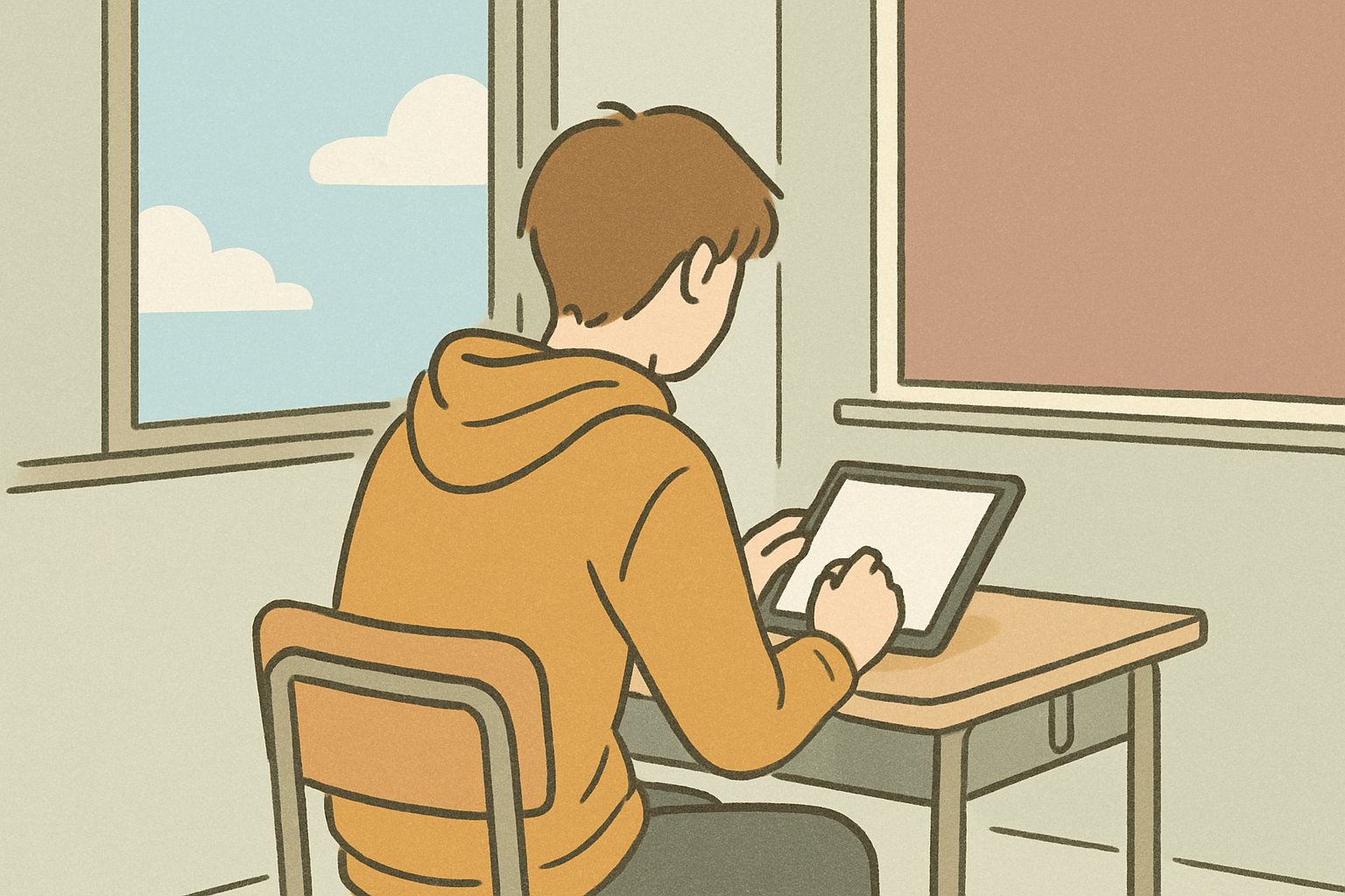 教室の机でタブレット端末に向かい、問題を解いている高校生の後ろ姿。窓の外に青空