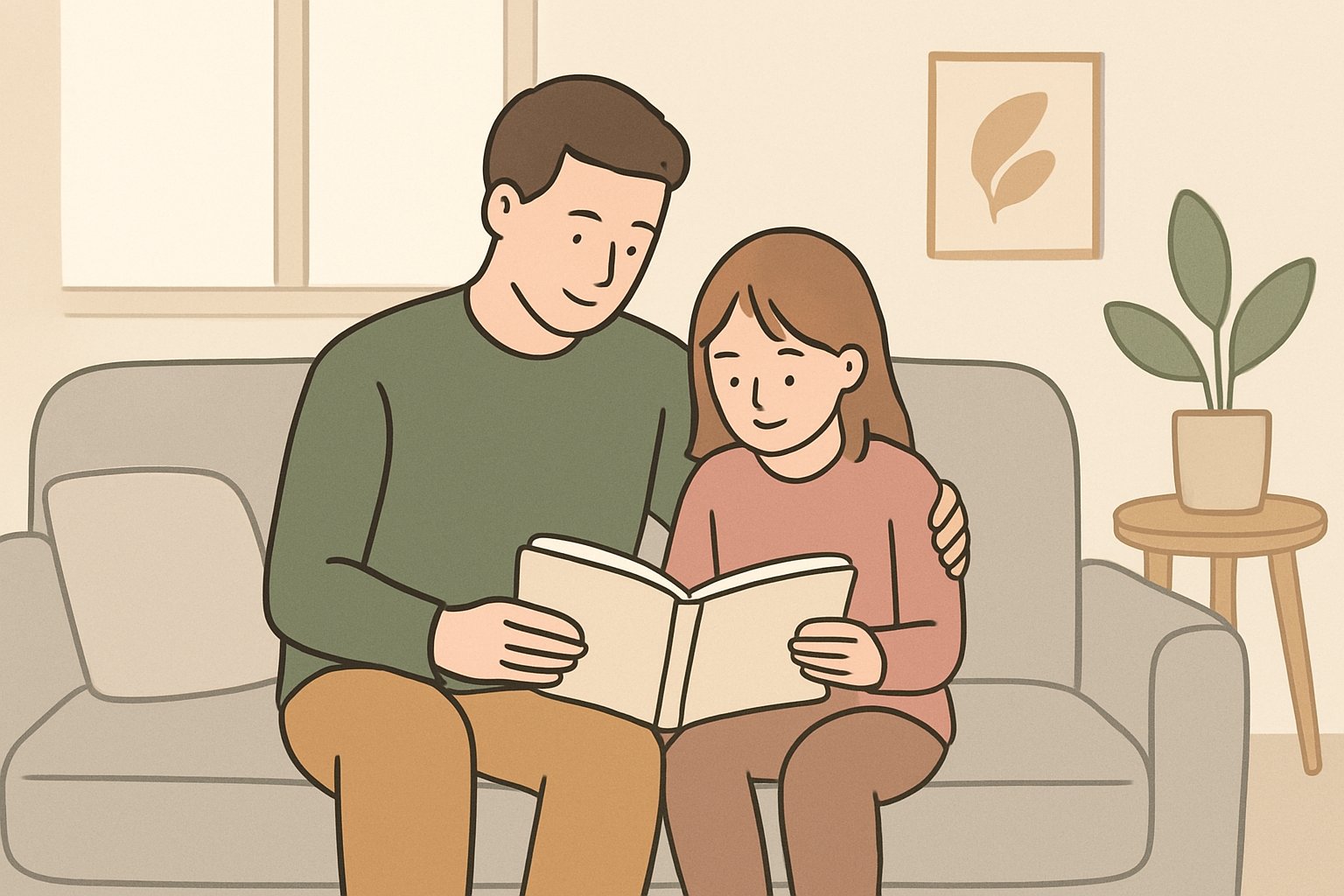リビングのソファで、親子が並んで一冊の本を開いて読んでいる様子。やわらかな昼の光