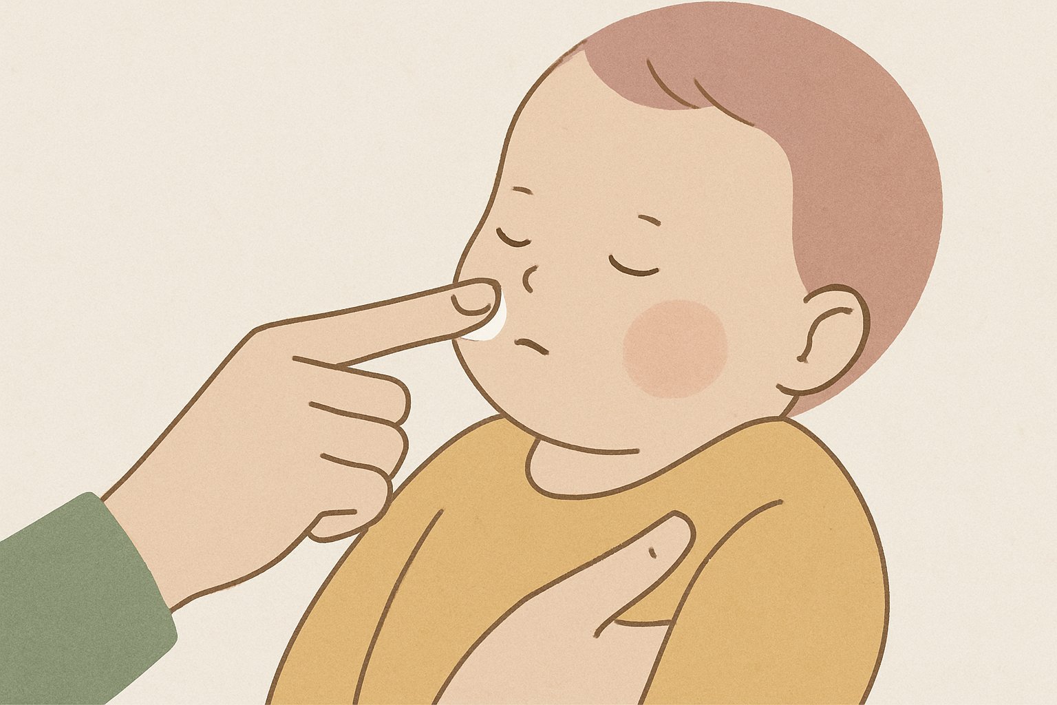 お風呂上がりの赤ちゃんの頬に、大人が指先でワセリンをやさしく塗っている手元のイラスト。赤ちゃんと大人の顔は描かず手元中心。くすみカラーの北欧風イラスト、シンプルな線画（文字・ロゴなし）