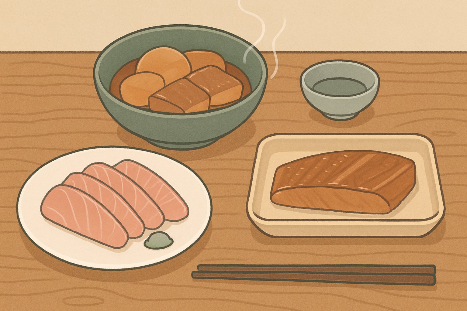 木のテーブルに並んだ和食の器。白い丸皿に薄いピンク色のブリの刺身、深めの小鉢に茶色く煮えたブリ大根、細長い角皿に照りのあるブリの照り焼き。湯気が少し立つ温かい冬の食卓