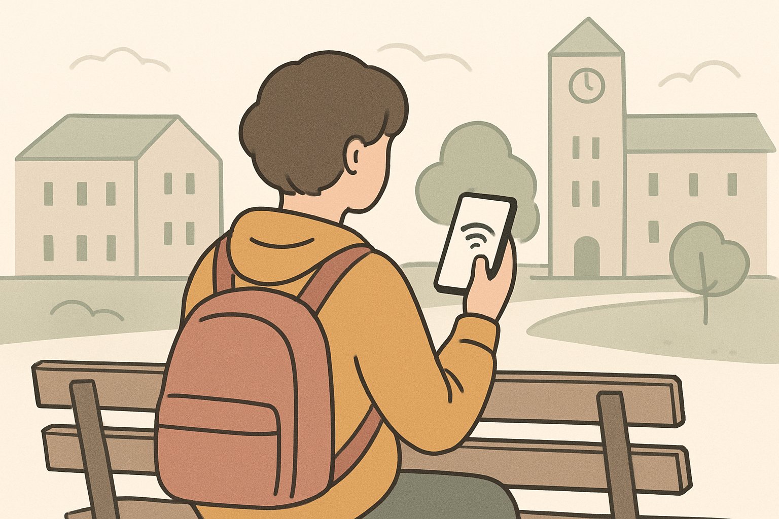大学のキャンパスのベンチでスマホのWi-Fi設定をしている学生の後ろ姿