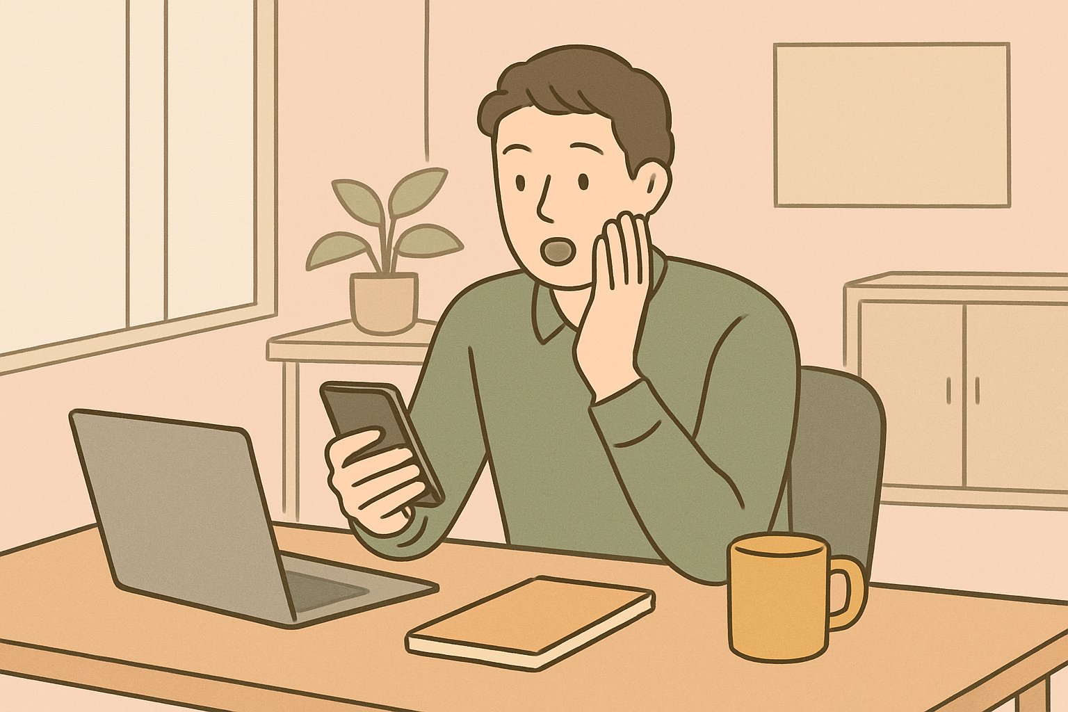 昼休みのオフィスで、机の上のスマホの画面を見て驚く会社員のイメージ